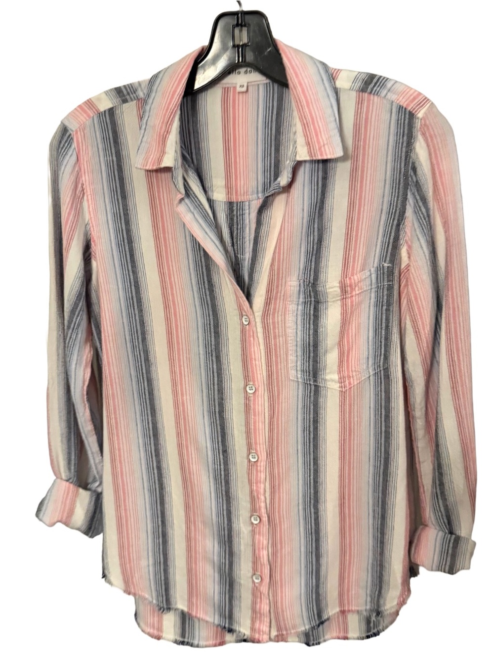 Bella Dahl Linen Blend Frayed Hem Button Down Stripe Shirt Pink Gray Sz XS EUC